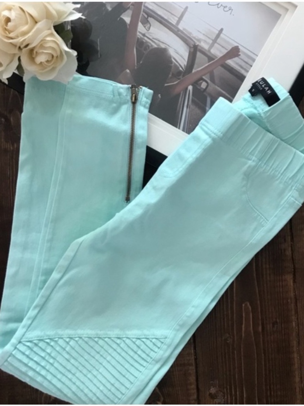 Beulah Mint Green Jeggings with Moto Stitching and Side Zip